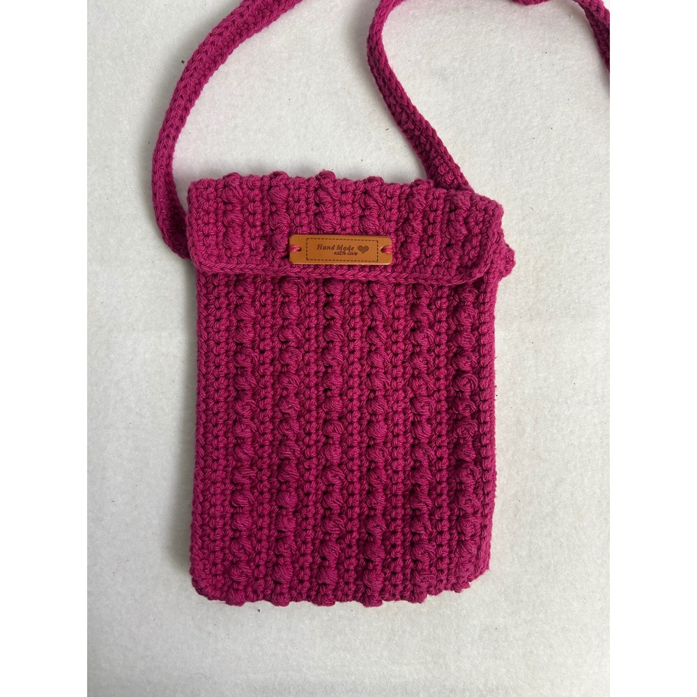 Boho Cottagecore Handmade Women Small Magenta Pink Crochet Popcorn Crossbody Bag